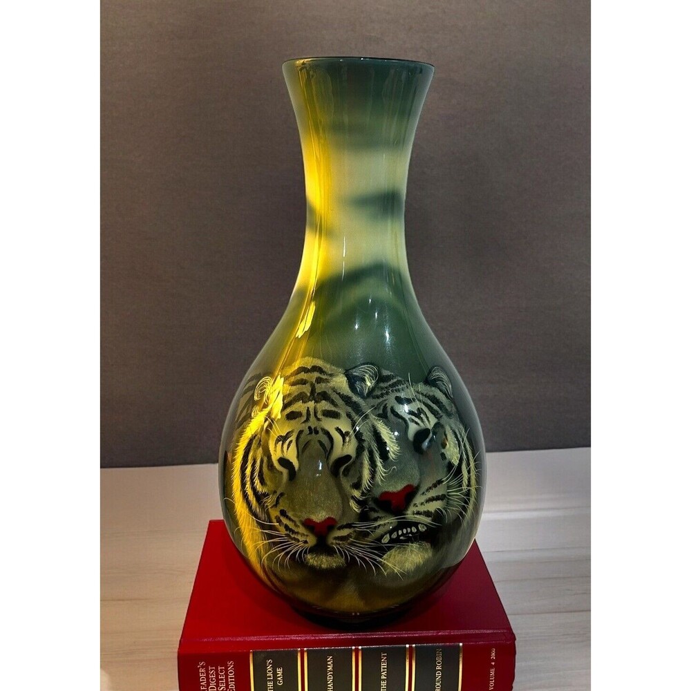 Vtg Ceramic Large Tall 12” Vietnam Hand Painted White Tigers Both Sides